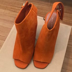Zara Orange Suede Leather Open Toe Ankle Block Heels.